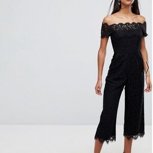 NWT Whistles Bloomingdales Jumpsuit Off Shoulder Lace Black Wide leg Pockets 8